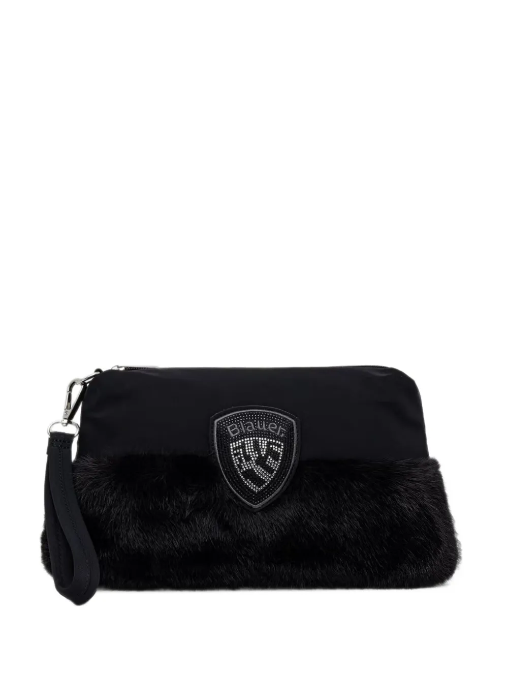 Blauer Faux-fur Trim Logo-patch Make Up Bag In Black