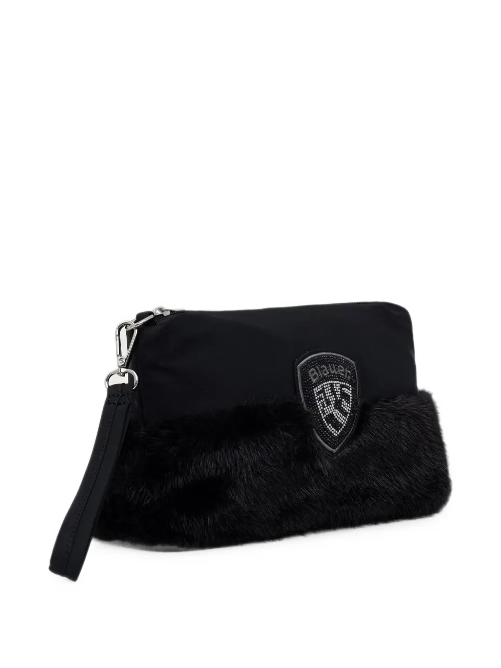 Blauer Make-up tas met logo-patch en afwerking van imitatiebont Zwart