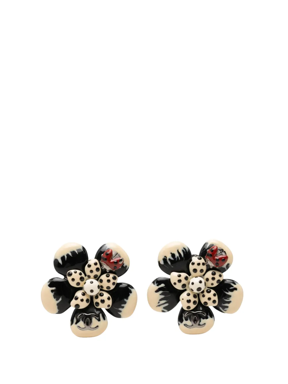 CHANEL Pre-Owned 2006 CC Brass Enamel Flower and Ladybug Clip On Earrings costume earrings - Argento