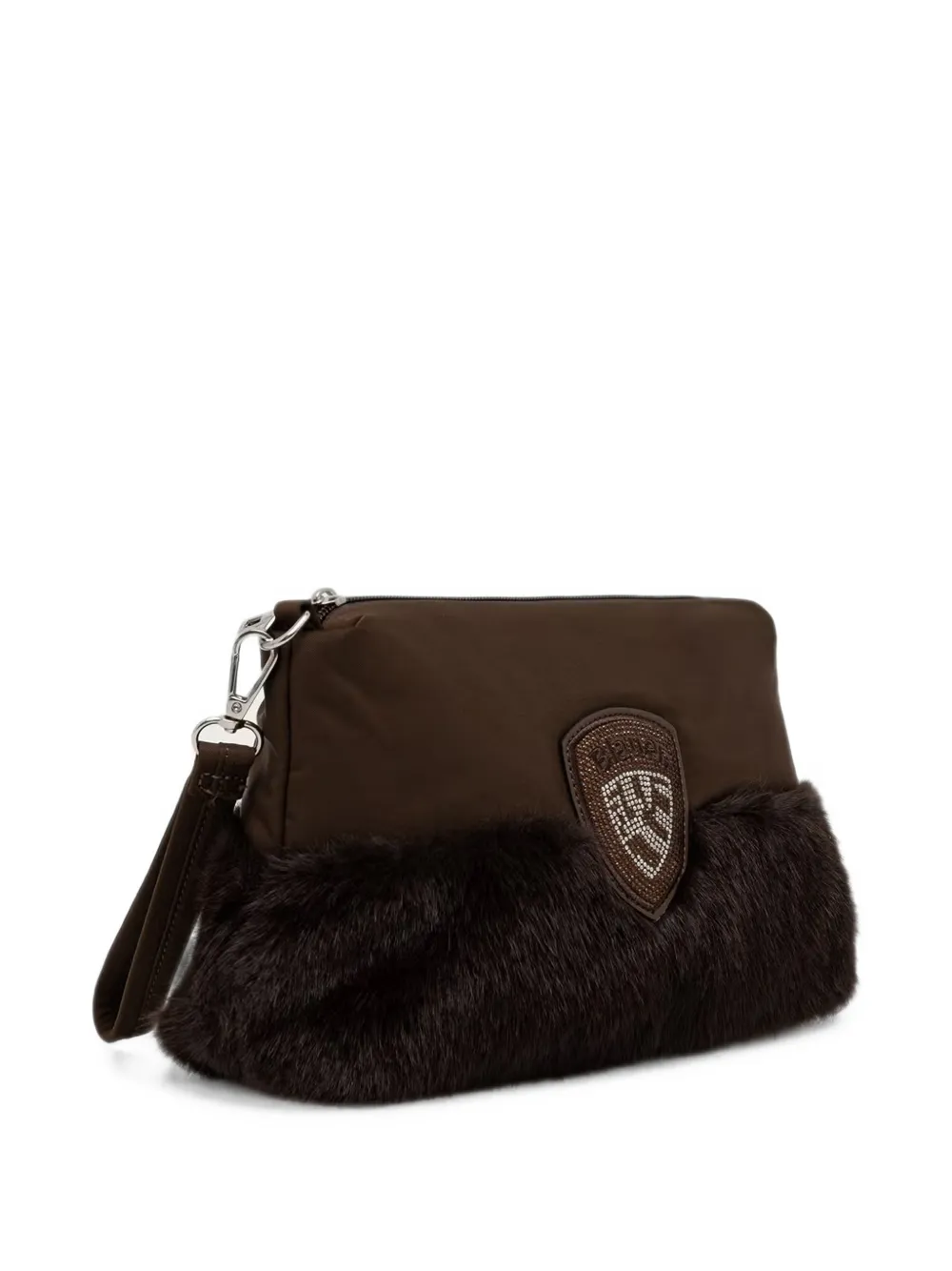 Blauer Make-up tas met logo-patch en afwerking van imitatiebont Bruin