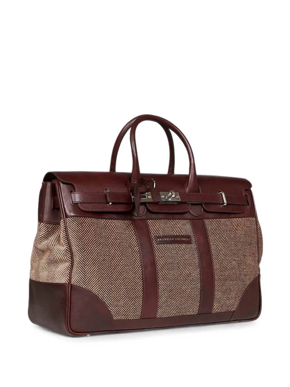 Brunello Cucinelli burnished calfskin and Chevron-effect Techno fabric country bag