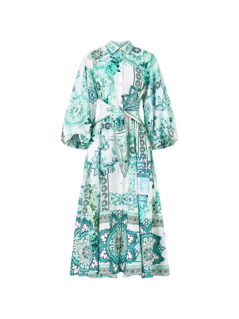 Camilla printed bubble-sleeve shirt midi dress - Blanc Camilla printed bubble-sleeve shirt midi dress - Blanc