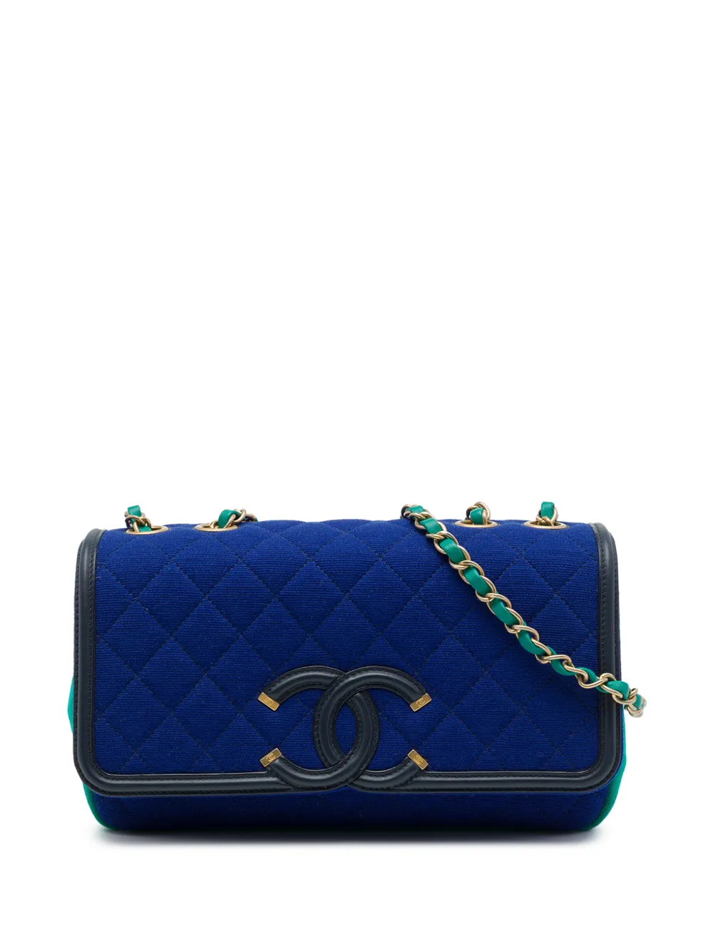 CHANEL Pre-Owned Borsa a tracolla CC Filigree piccola in jersey tricolore con battente 2019 - Blu