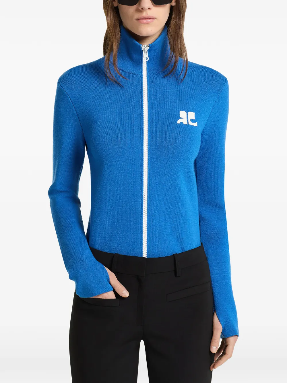Courrèges logo-patch zipped cardigan Blauw