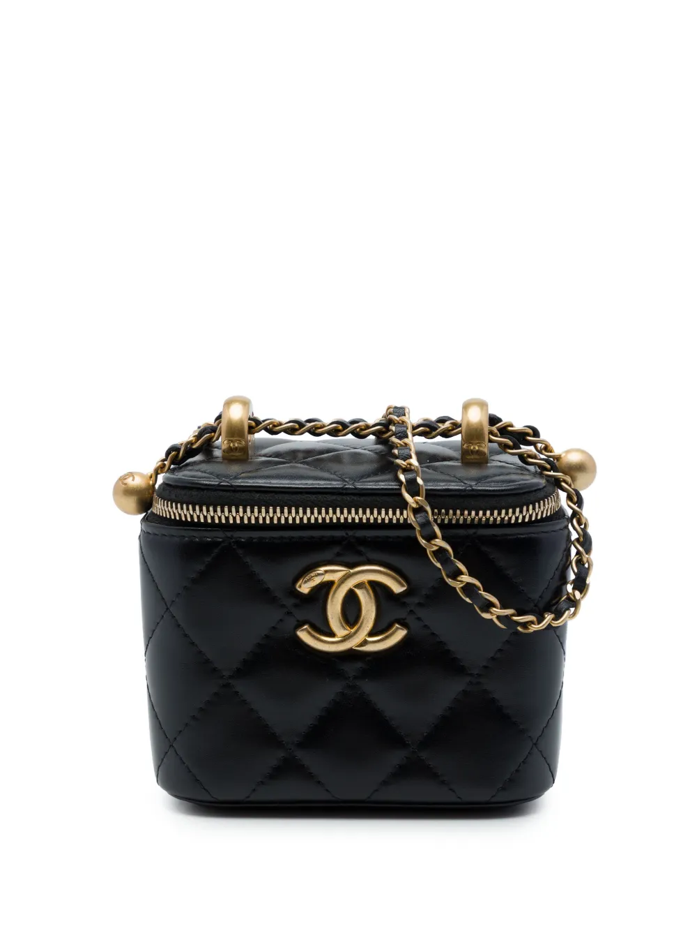 CHANEL Pre-Owned Borsa a tracolla Pearl Crush Vanity Case CC mini in pelle di agnello trapuntata con catena 2021 - Nero