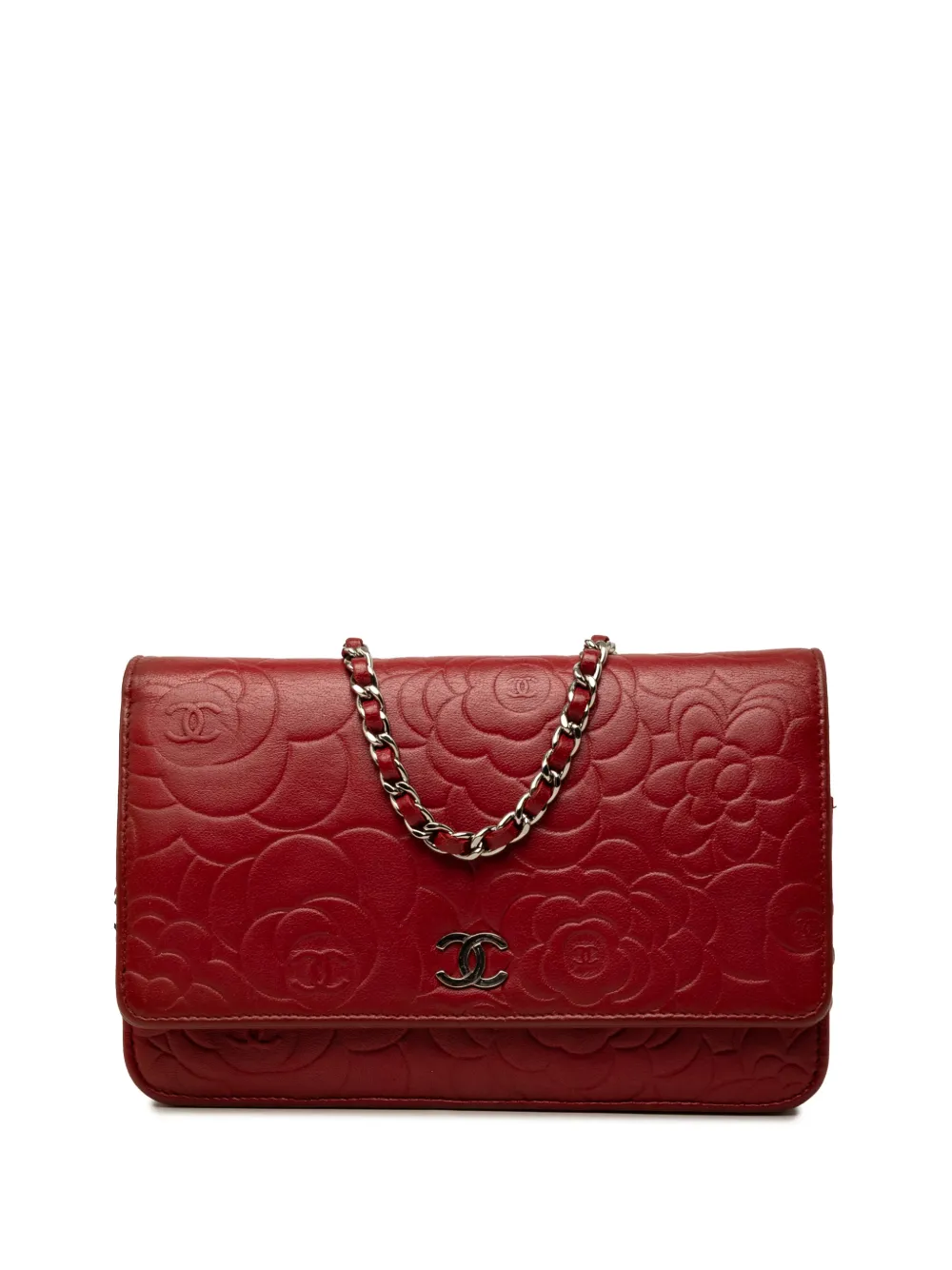 CHANEL Pre-Owned 2014 CC Embossed Lambskin Camellia Wallet On Chain crossbody bag - Rosso