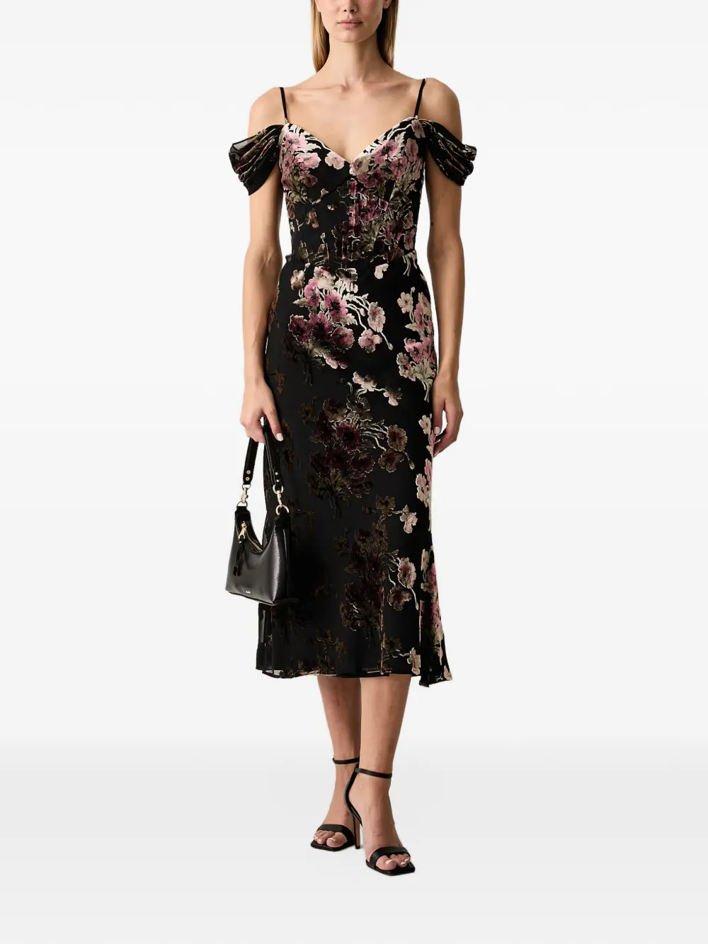 LUISA SPAGNOLI Generosita floral-print off-shoulder midi dress - Noir LUISA SPAGNOLI Generosita floral-print off-shoulder midi dress - Noir