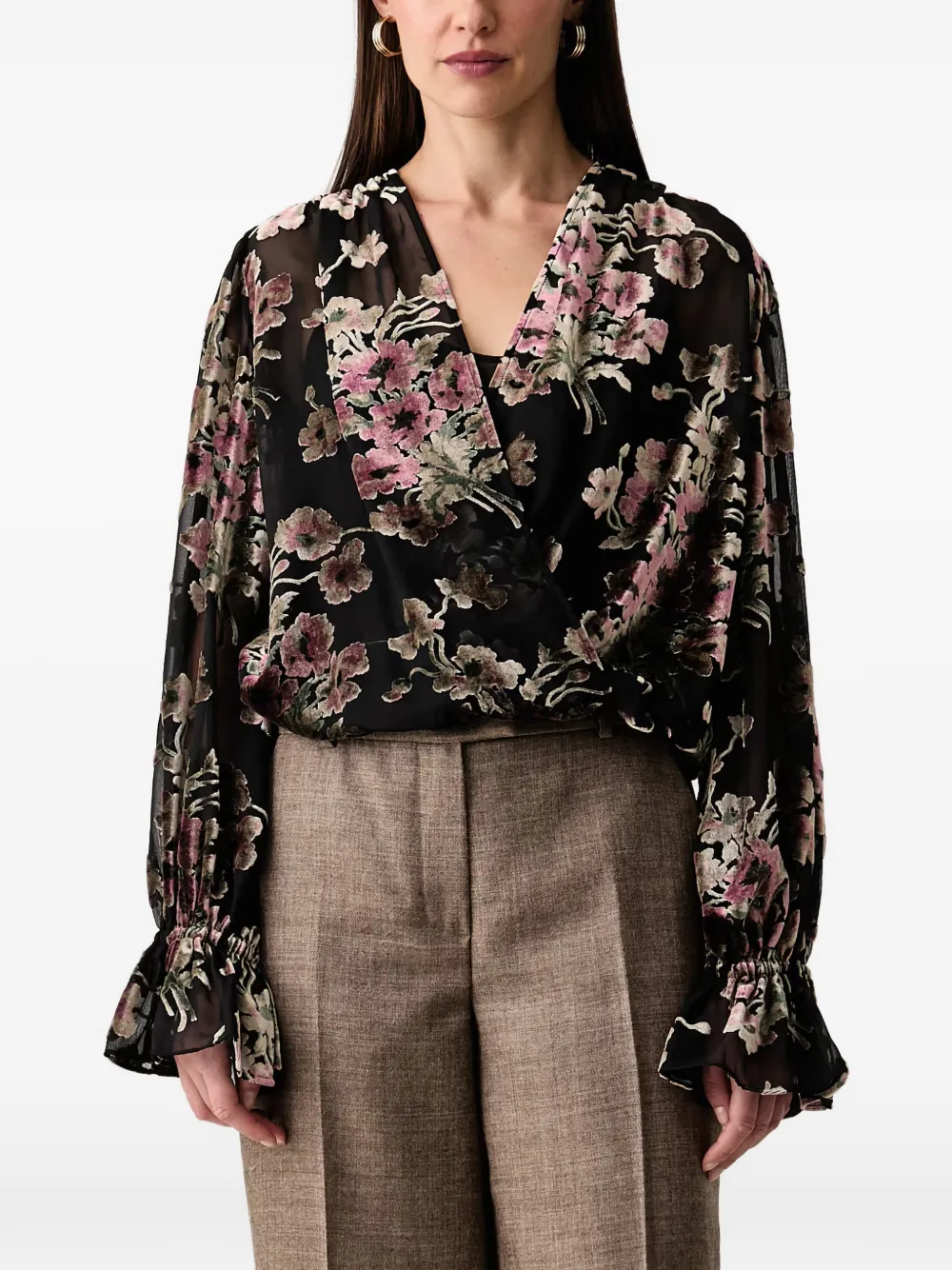 LUISA SPAGNOLI Lotty floral-burnout wrap blouse - Nero