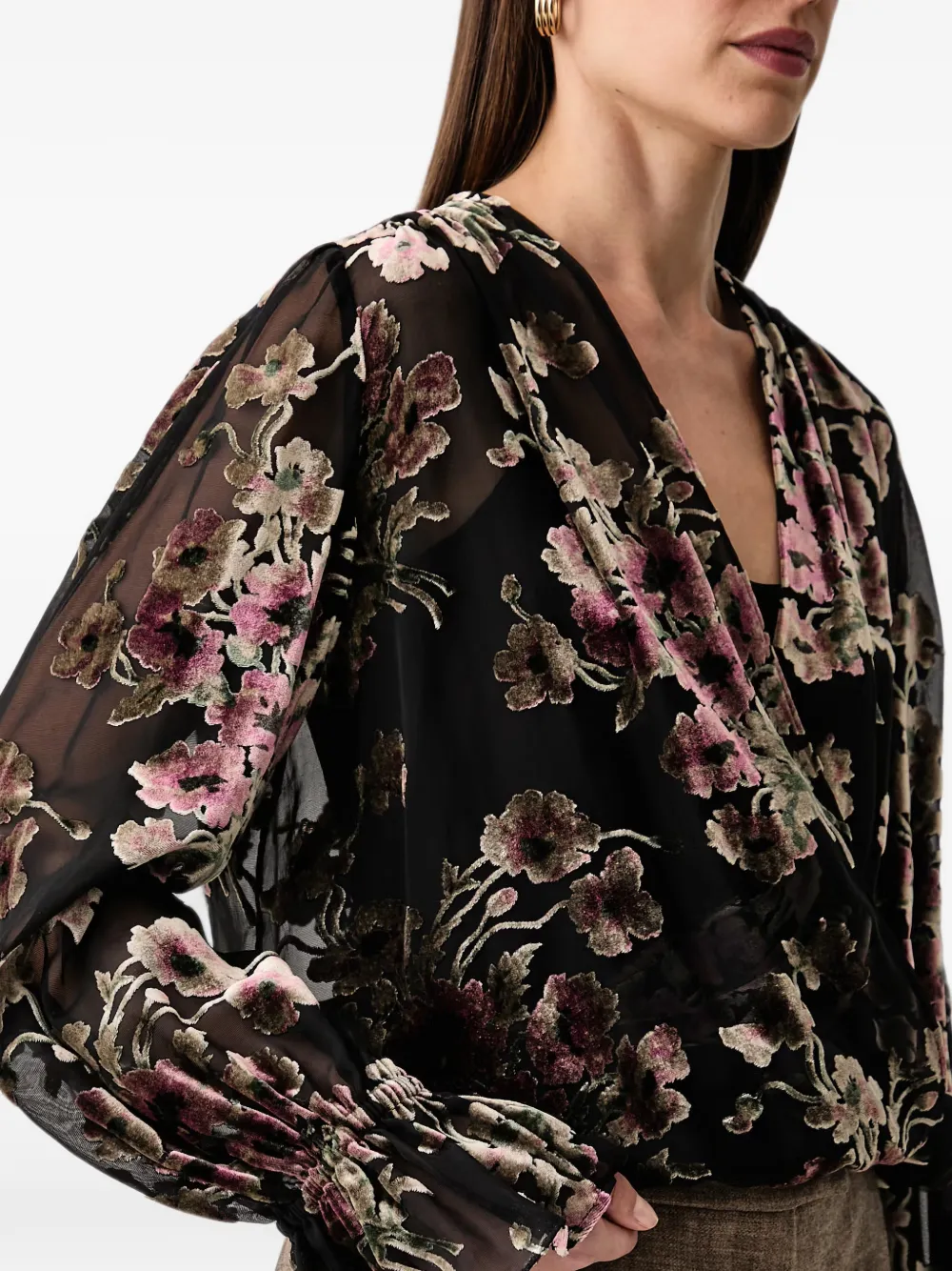 LUISA SPAGNOLI Lotty wikkelblouse met bloemen-patroon en burn-outeffect Zwart