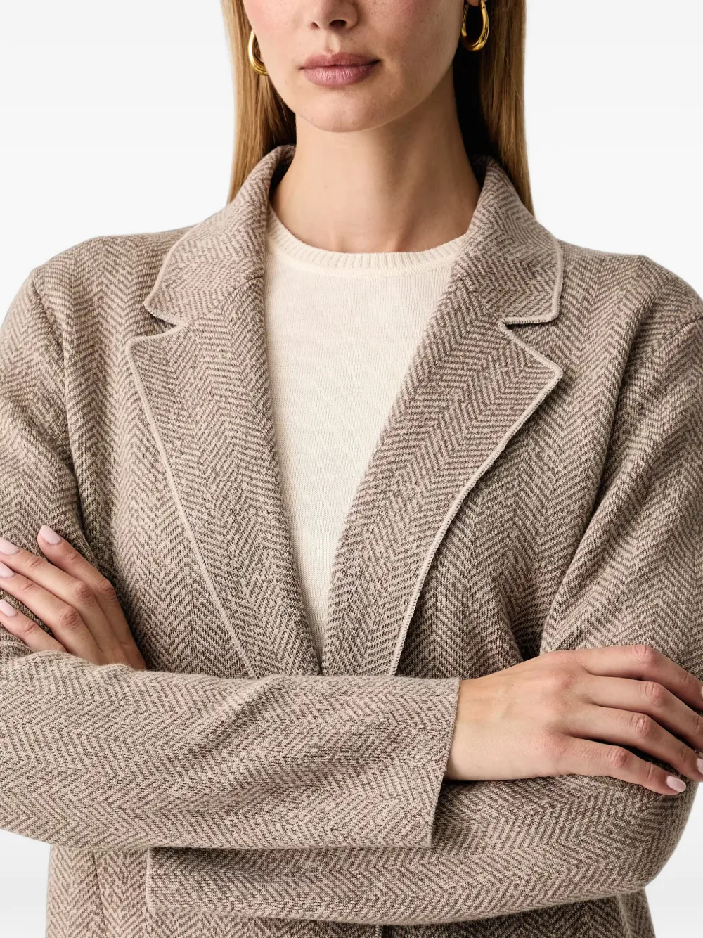 LUISA SPAGNOLI Gebreid vest met gekerfde revers en visgraatpatroon Beige