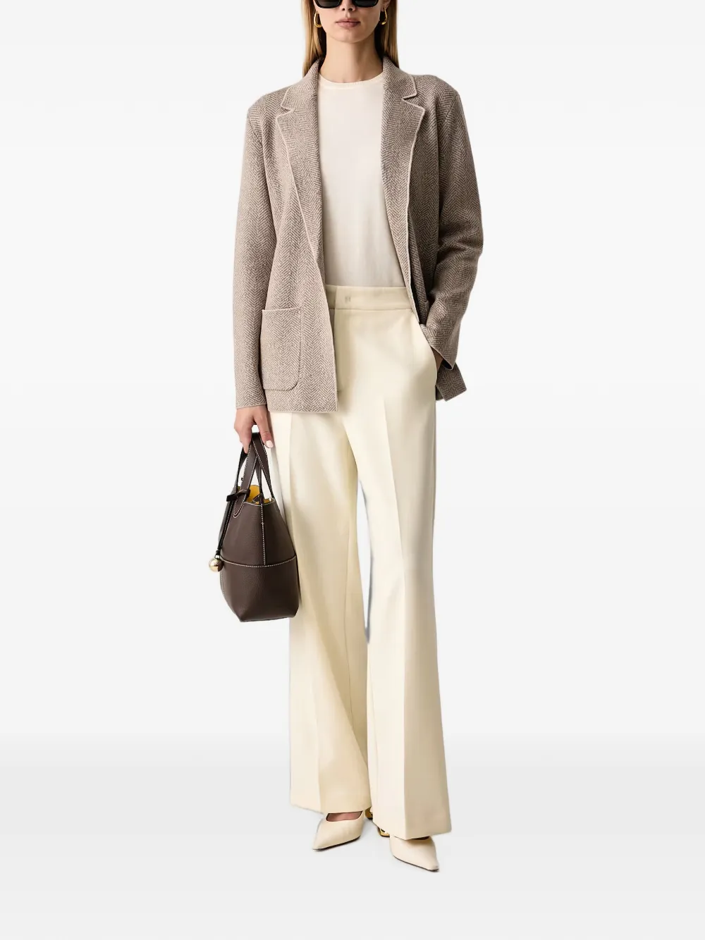 LUISA SPAGNOLI Gebreid vest met gekerfde revers en visgraatpatroon Beige