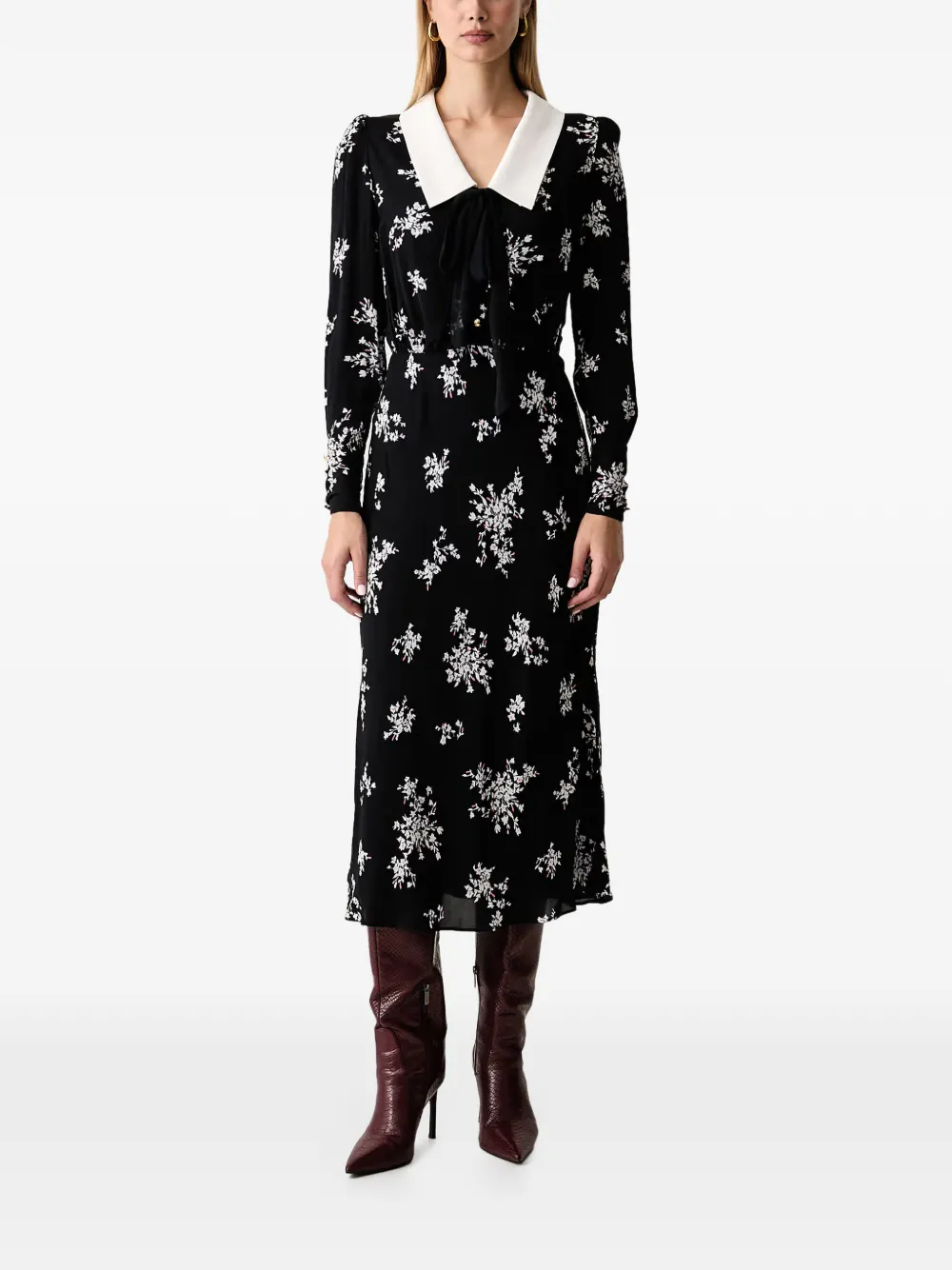 LUISA SPAGNOLI Gael midi-jurk met bloemen-print en strik Zwart