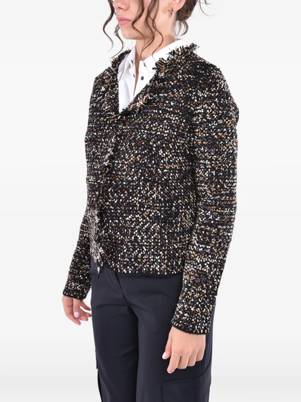 Kangra Bouclé vest met knoopsluiting en franje Zwart