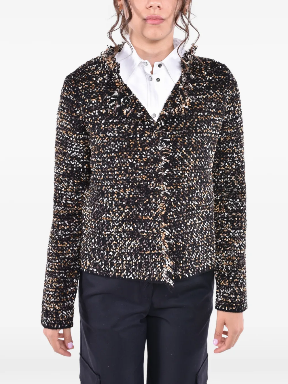 Kangra Bouclé-Cardigan mit ausgefransten Kanten mit Knopfverschluss - Schwarz