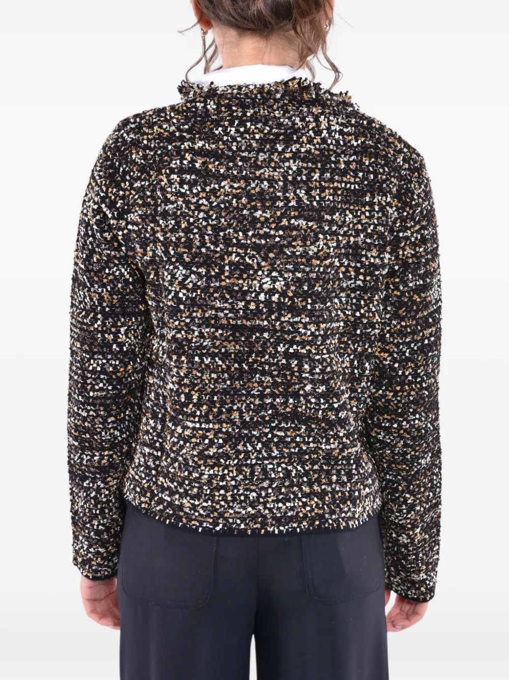 Kangra Bouclé vest met knoopsluiting en franje Zwart