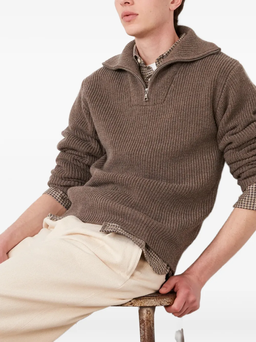 Officine Generale Tarek ribbed-knit quarter-zip sweater Bruin