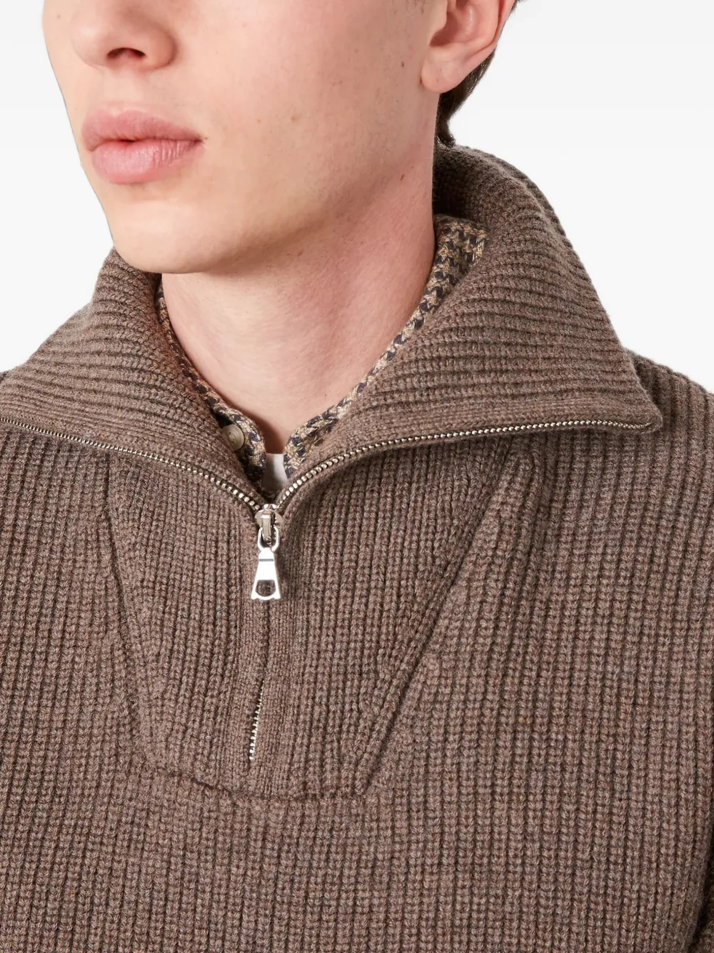 Officine Generale Tarek ribbed-knit quarter-zip sweater Bruin