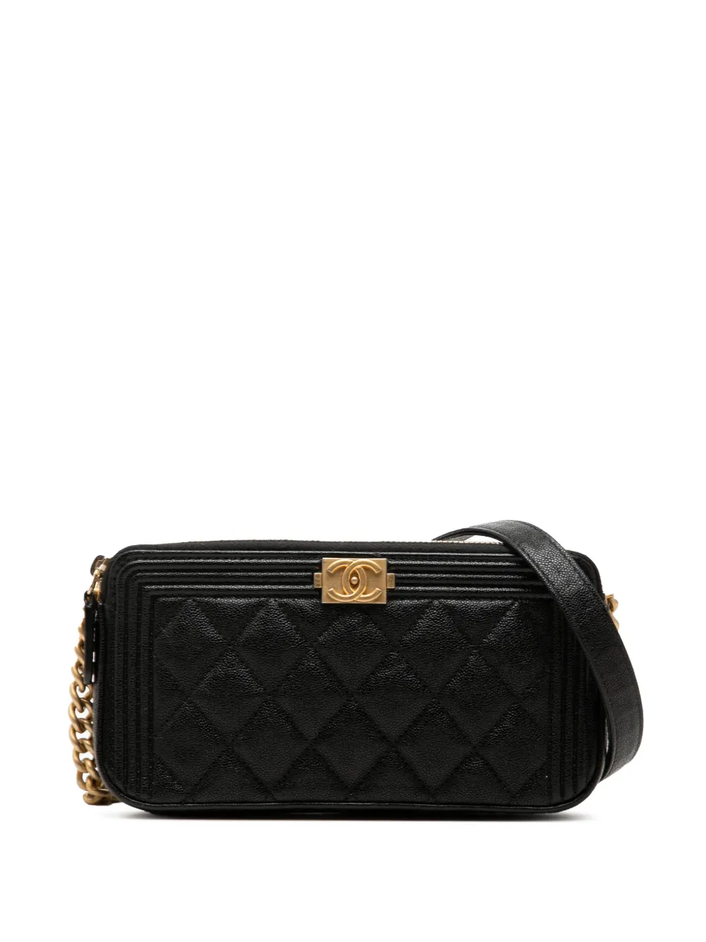 CHANEL Pre-Owned 2019 Quilted Caviar Boy Double Zip Wallet On Chain crossbody bag - Nero