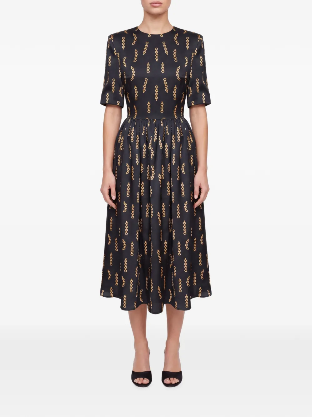 POST MERIDIEM Midi-jurk met gesmockte taille en ketting-print Zwart