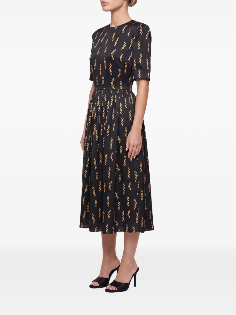 POST MERIDIEM Midi-jurk met gesmockte taille en ketting-print Zwart