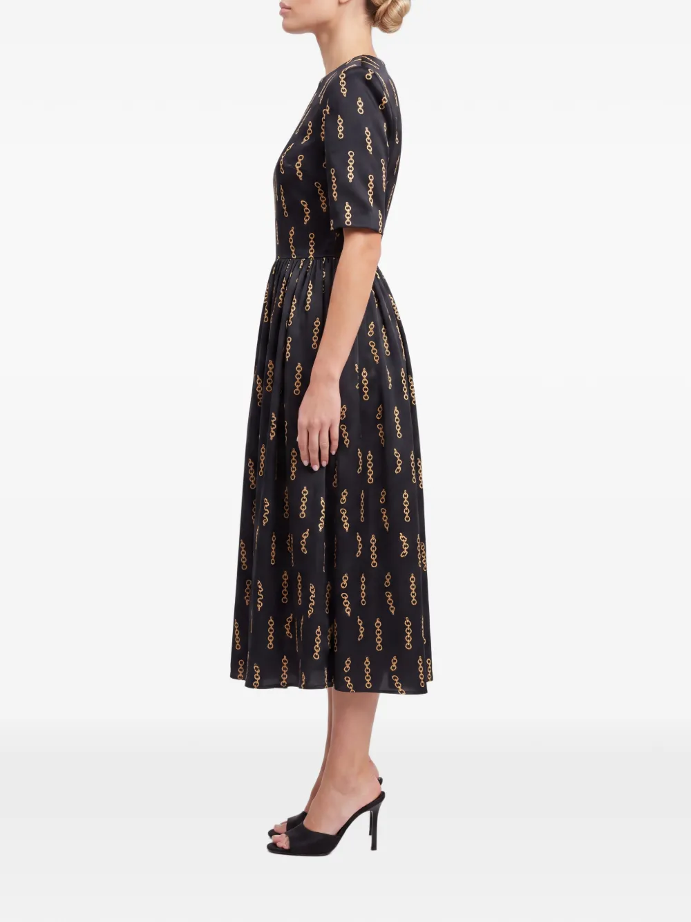 POST MERIDIEM Midi-jurk met gesmockte taille en ketting-print Zwart