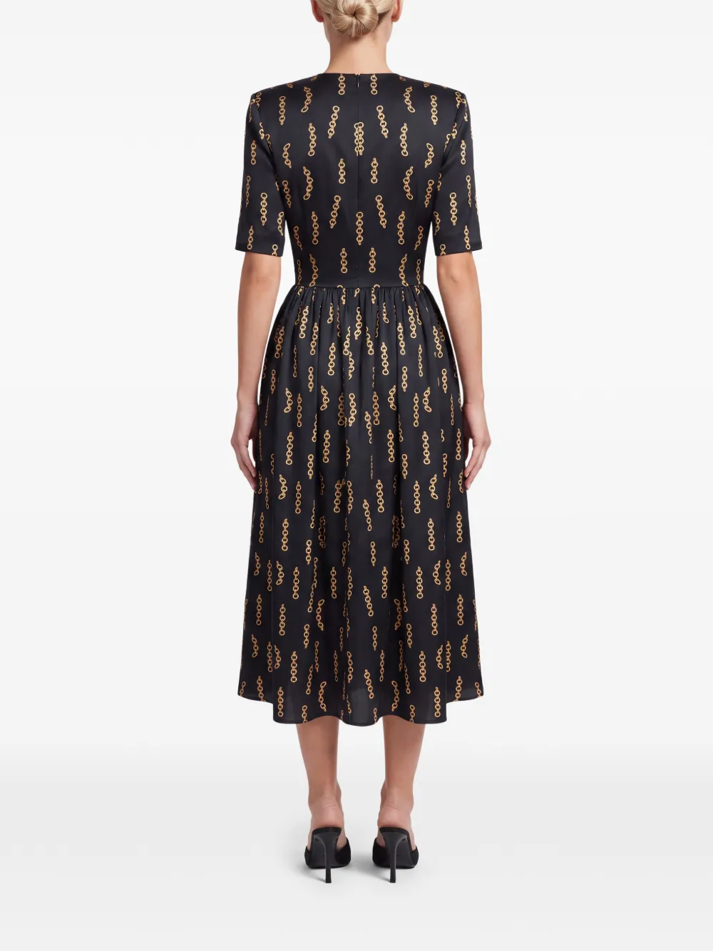 POST MERIDIEM Midi-jurk met gesmockte taille en ketting-print Zwart