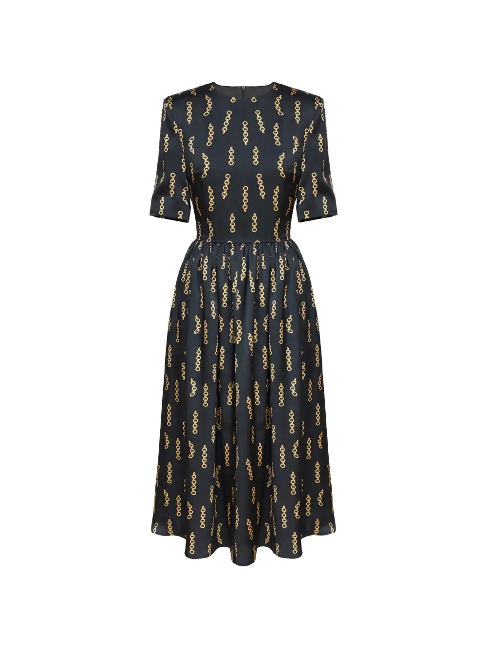 POST MERIDIEM Midi-jurk met gesmockte taille en ketting-print Zwart