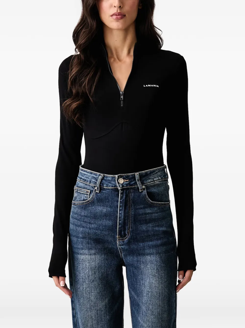 La Mania Aneli logo-print half-zip bodysuit - Noir