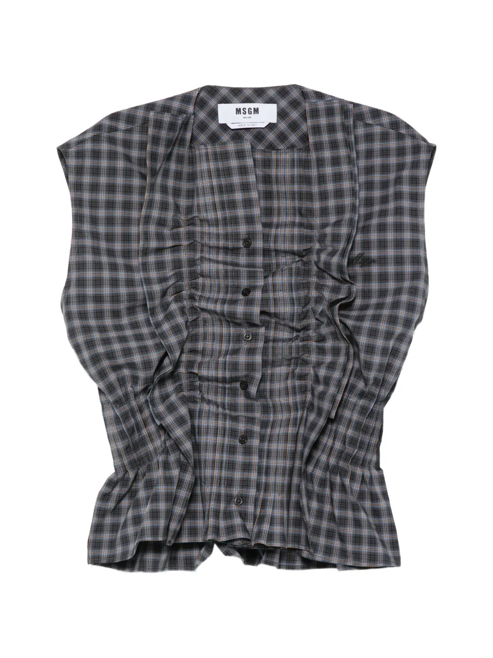Msgm Ruffled Check Shirt In Gray