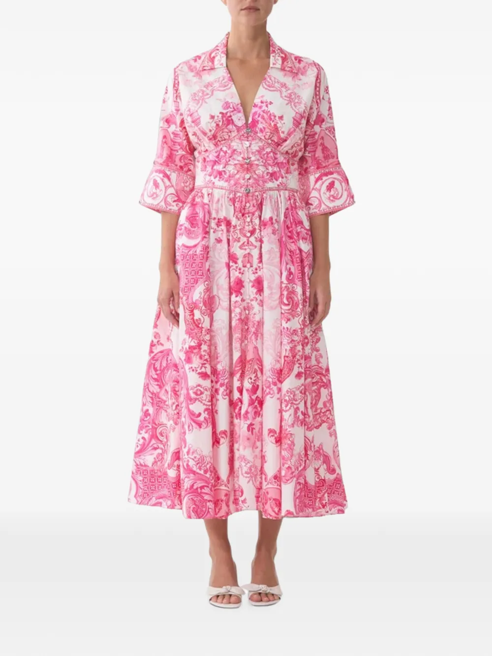 Camilla Midi-jurk met bloemen-print en gevormde tailleband Wit