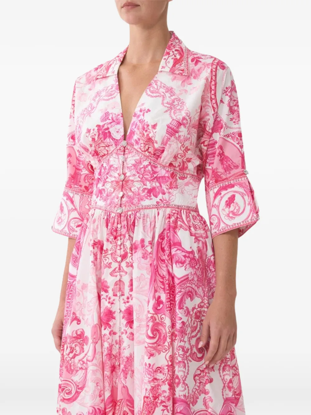 Camilla Midi-jurk met bloemen-print en gevormde tailleband Wit