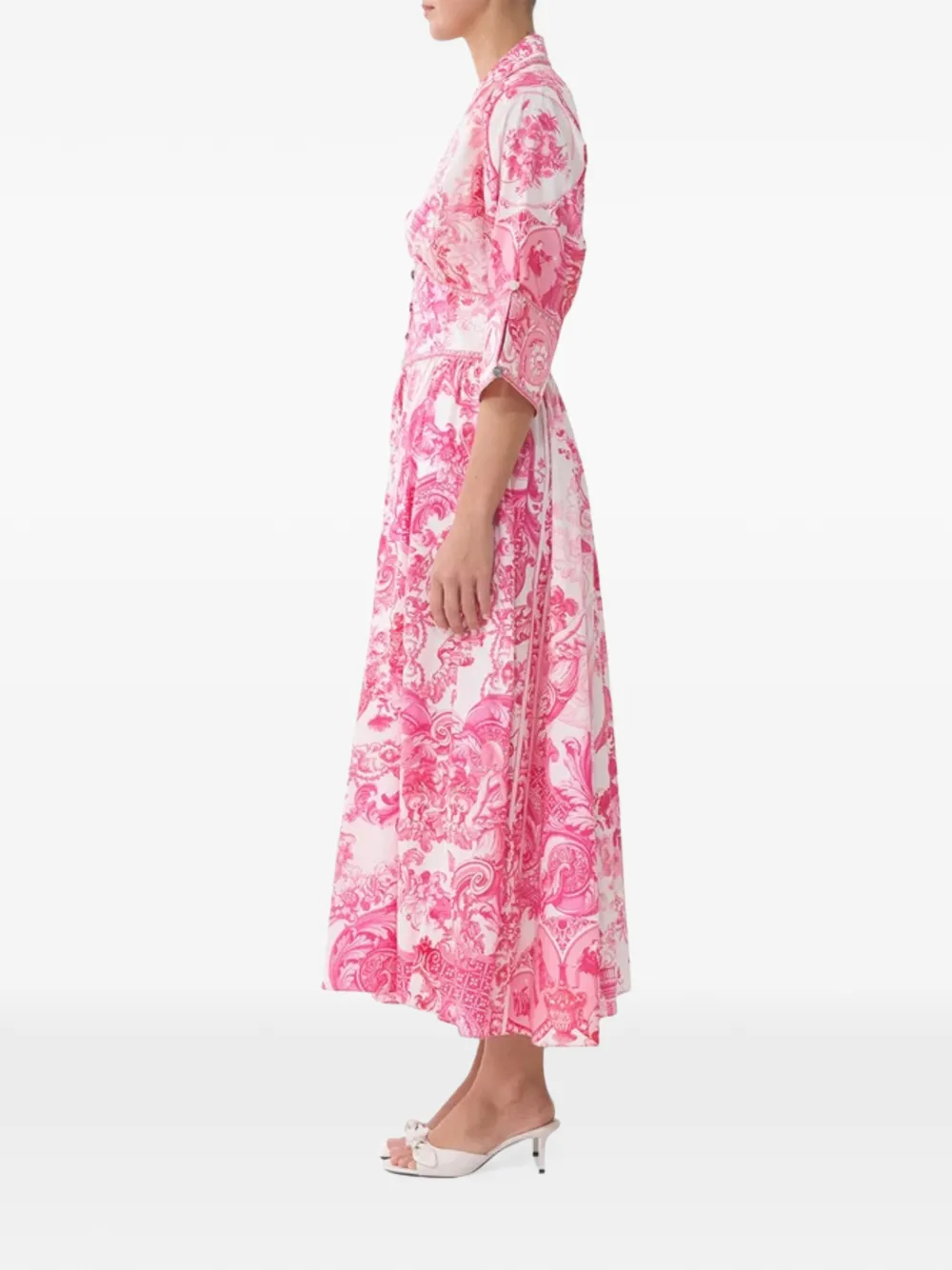 Camilla Midi-jurk met bloemen-print en gevormde tailleband Wit