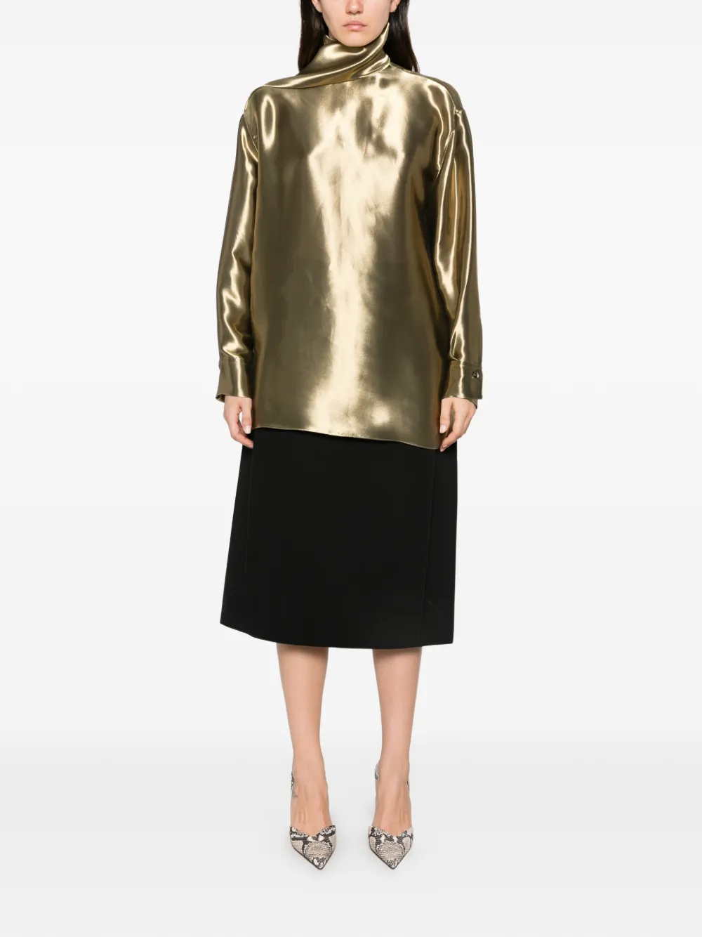 Ferragamo Midi-jurk met hoge hals en vlakken Goud