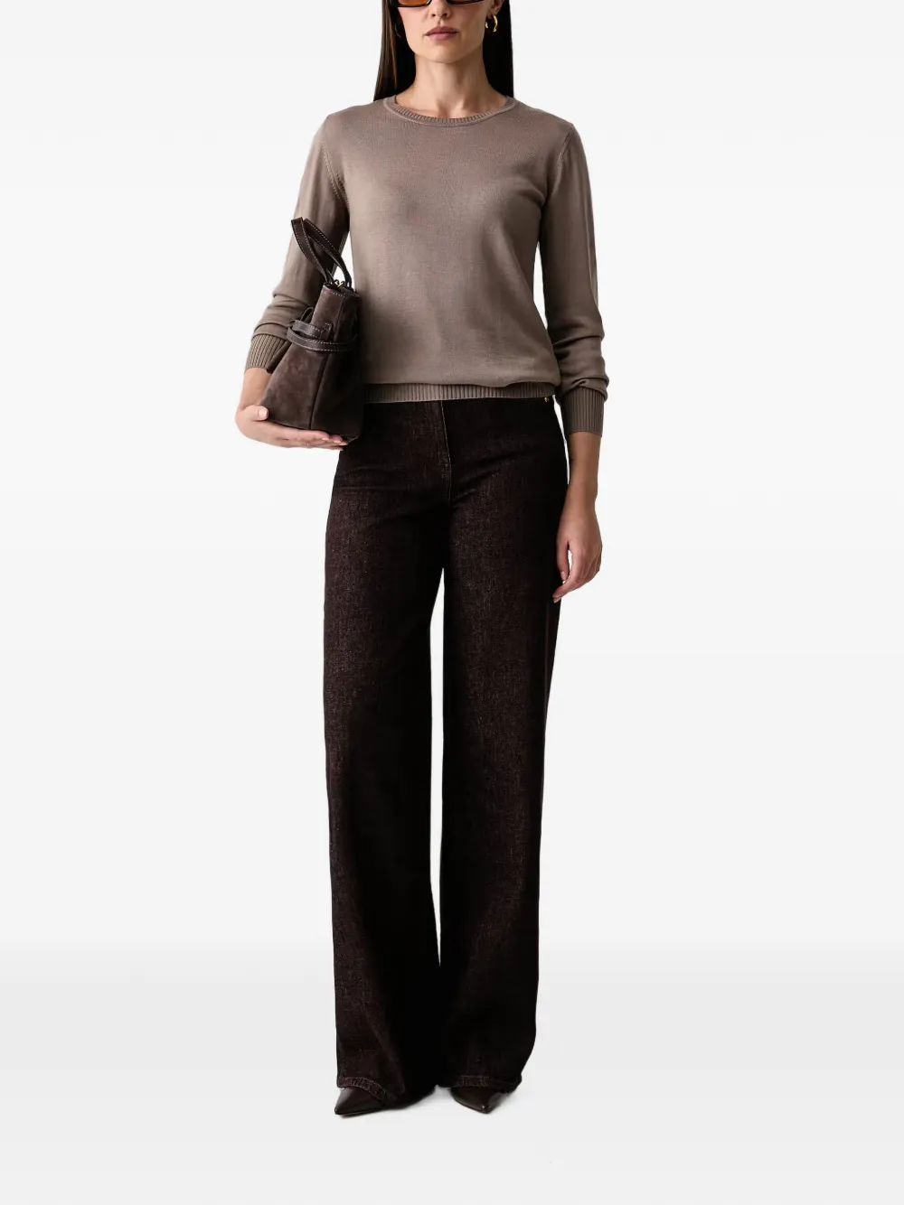 LUISA SPAGNOLI Mossa T-shirt met lange mouwen en geribbelde afwerking Bruin