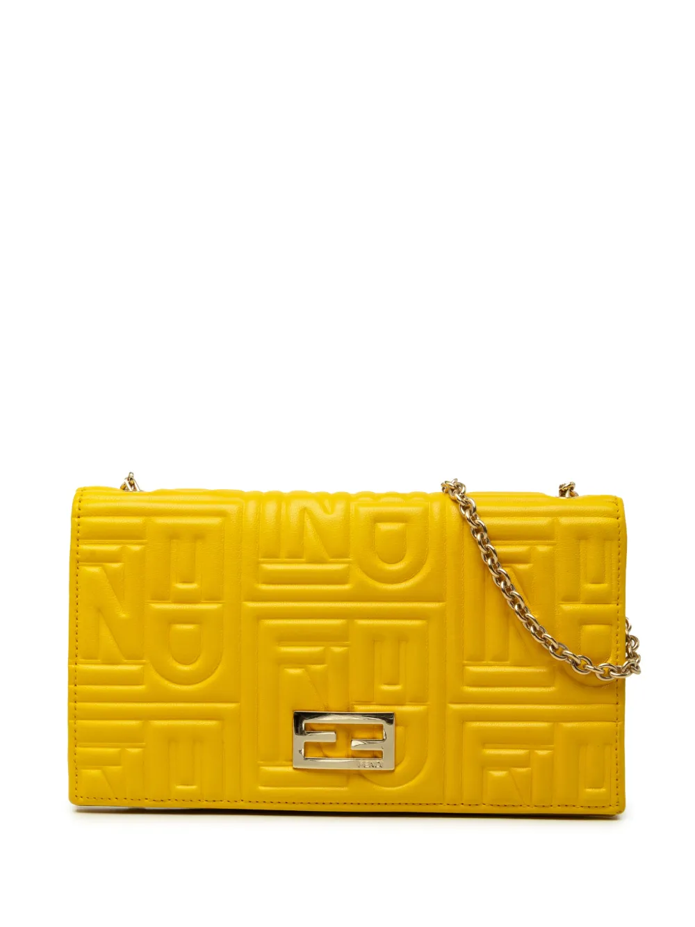 Pre-owned Fendi 2000-2010 Embossed Nappa Logo Chain Clutch Crossbody Bag In Yellow