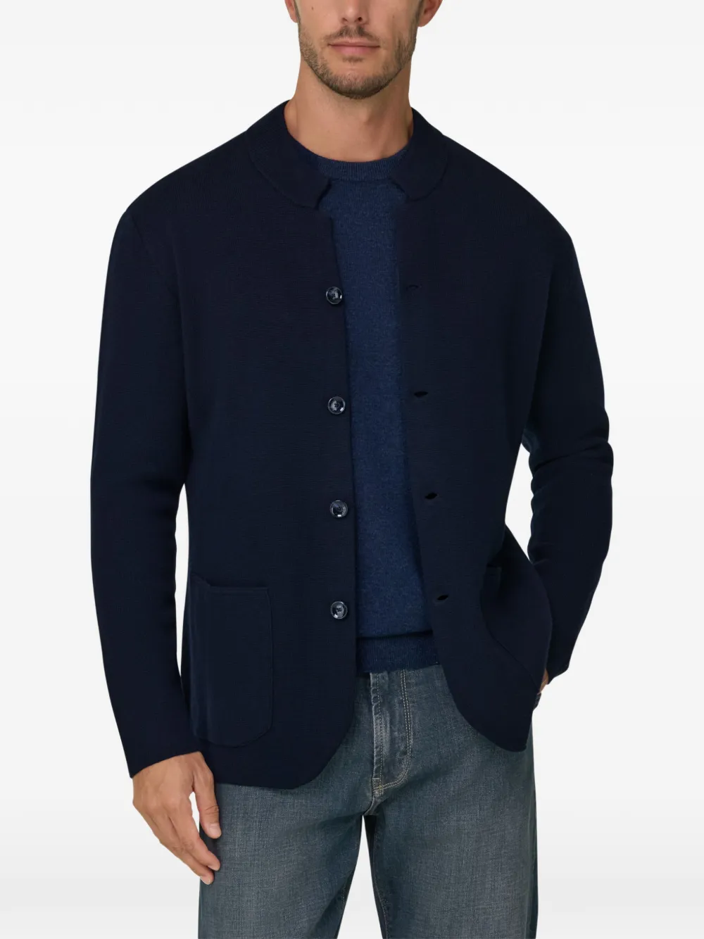 Boggi Milano Gebreid jack van superfijne merinowol Blauw