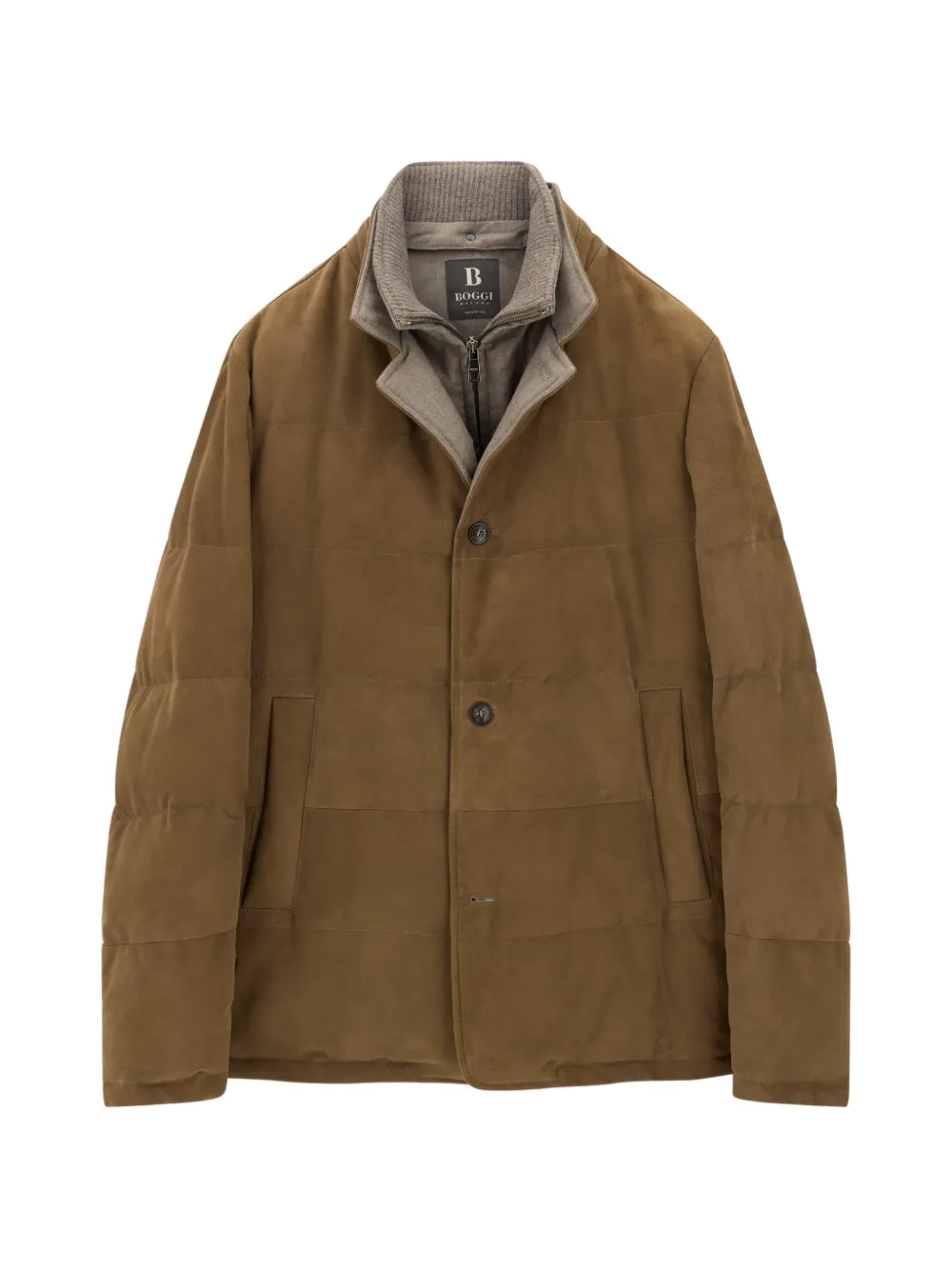 Boggi Milano jacket padded with goose down, removable genuine leather mélange flannel bib - Marrone
