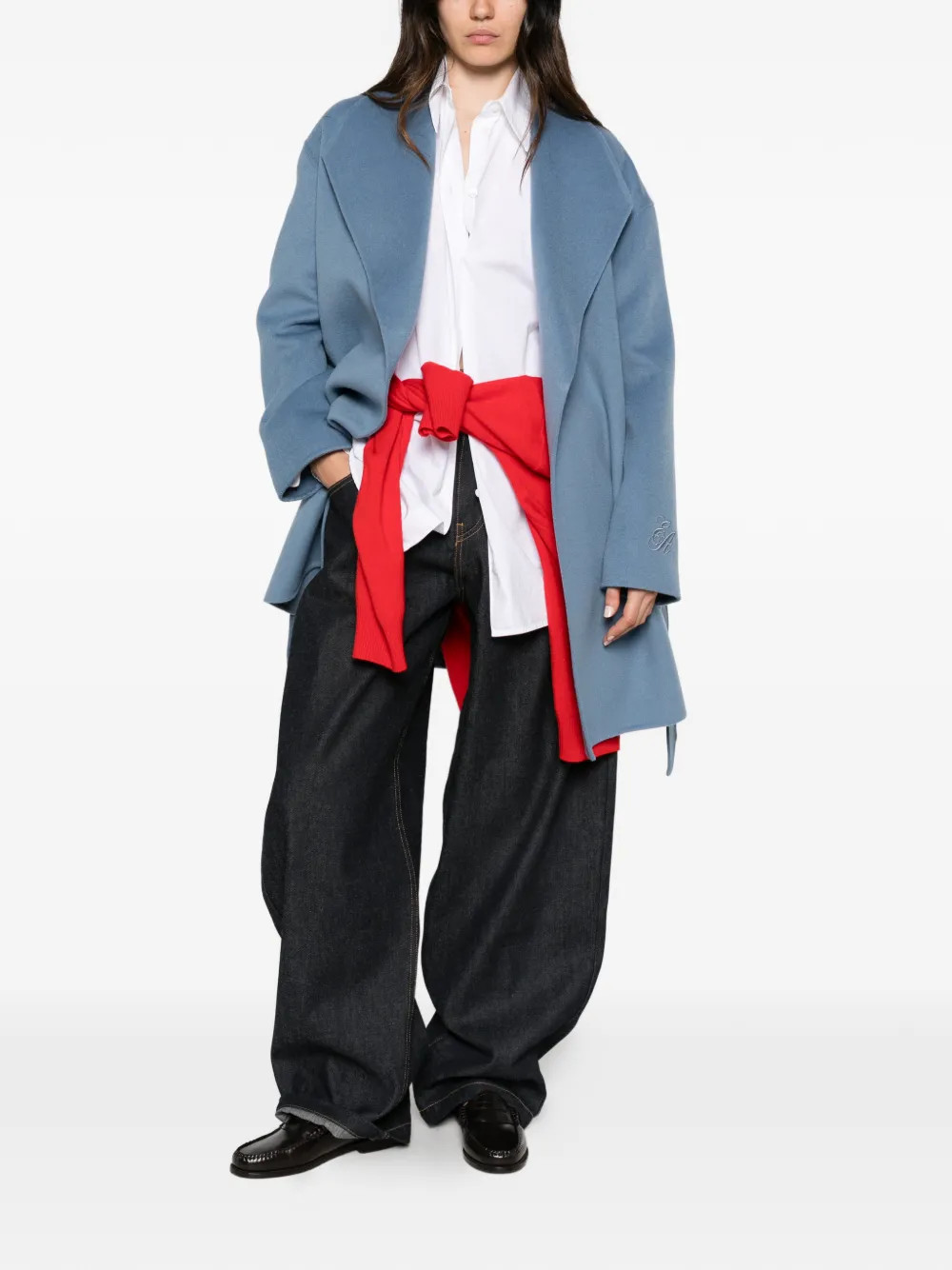 Emporio Armani belted logo-embroidered coat - Bleu Emporio Armani belted logo-embroidered coat - Bleu