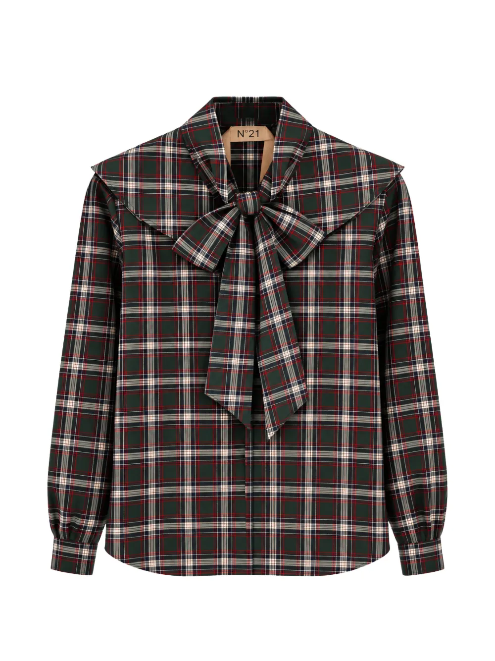 Nº21 check-pattern pussy-bow shirt - Green