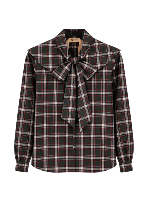 Nº21 check-pattern pussy-bow shirt