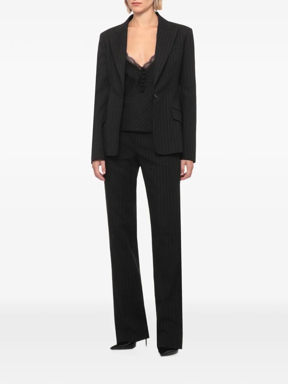 THE ANDAMANE Top met kanten afwerking en krijtstreep Zwart