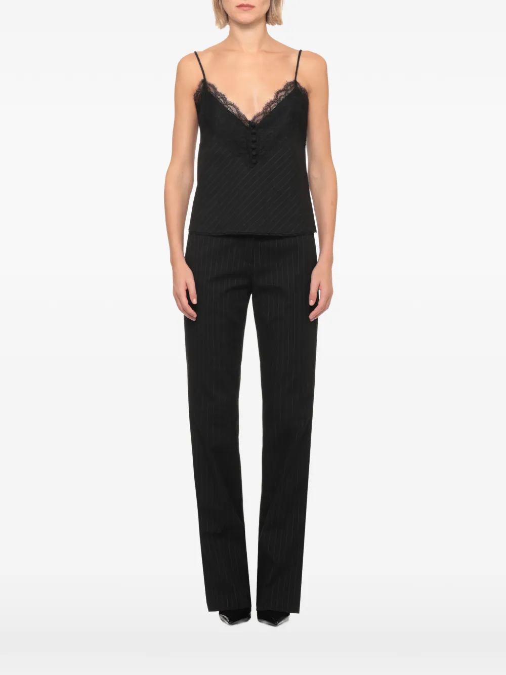 THE ANDAMANE Top met kanten afwerking en krijtstreep Zwart