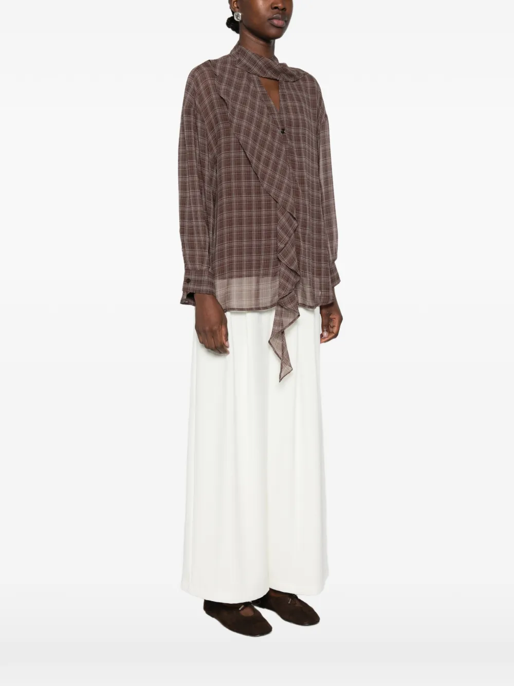 Eleh check-pattern ruffled blouse Bruin
