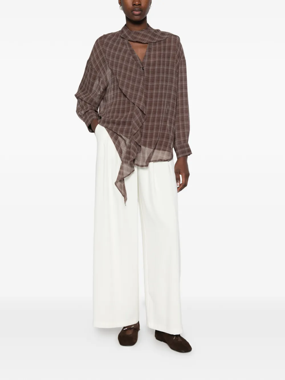 Eleh check-pattern ruffled blouse Bruin
