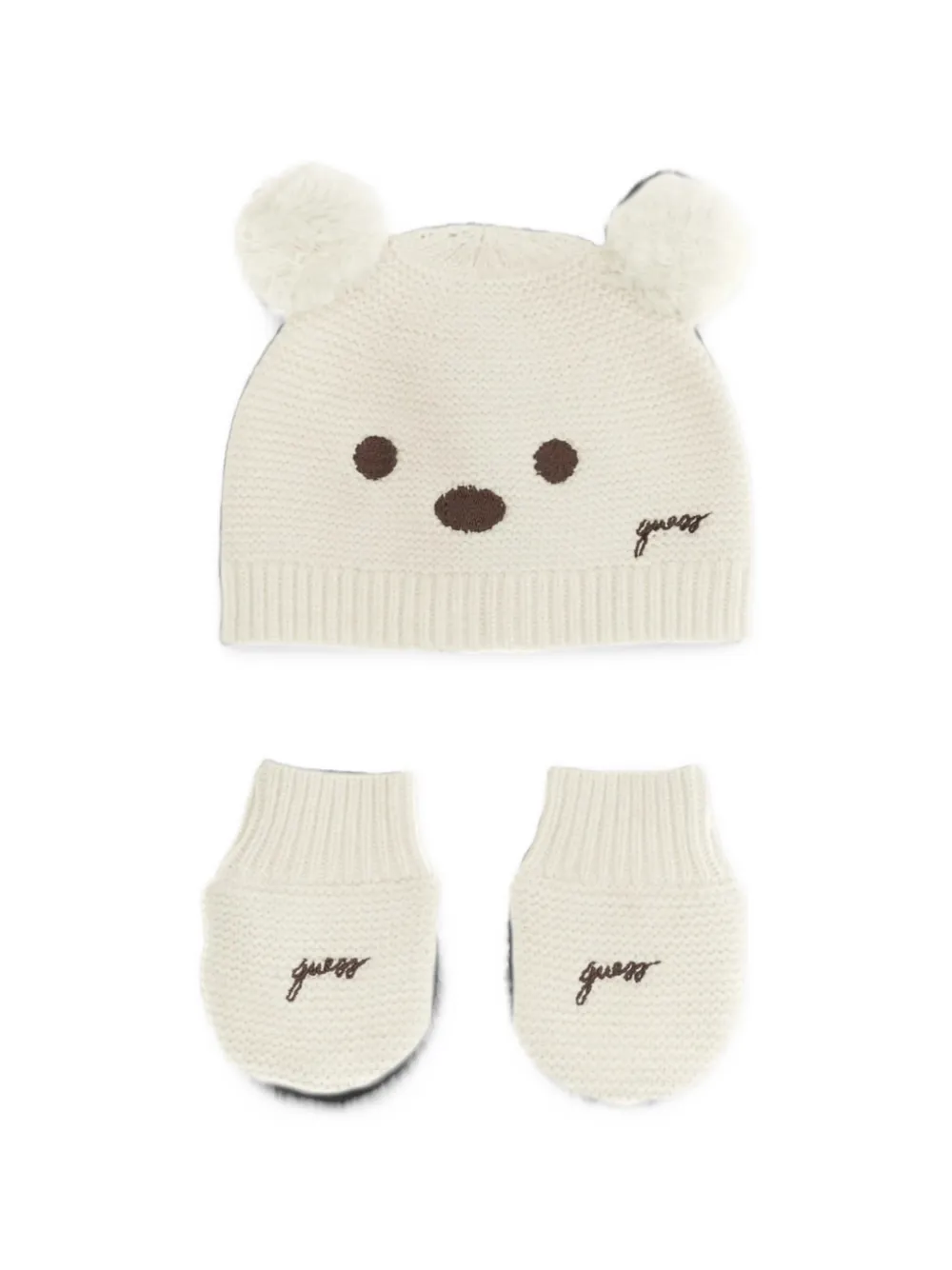 Guess kids bear-motif beanie hat and mittens set Beige