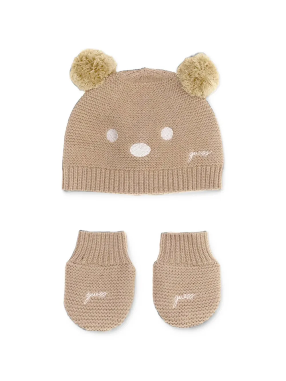 Guess kids bear-motif pompom-detail beanie hat and mittens set Beige