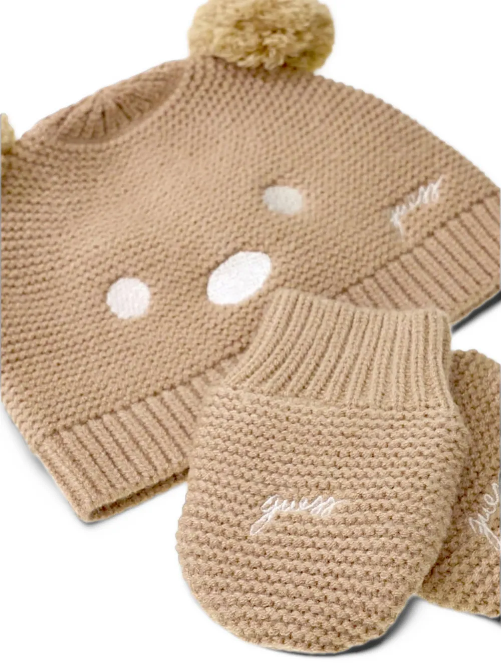 guess kids bear-motif pompom-detail beanie hat and mittens set Beige