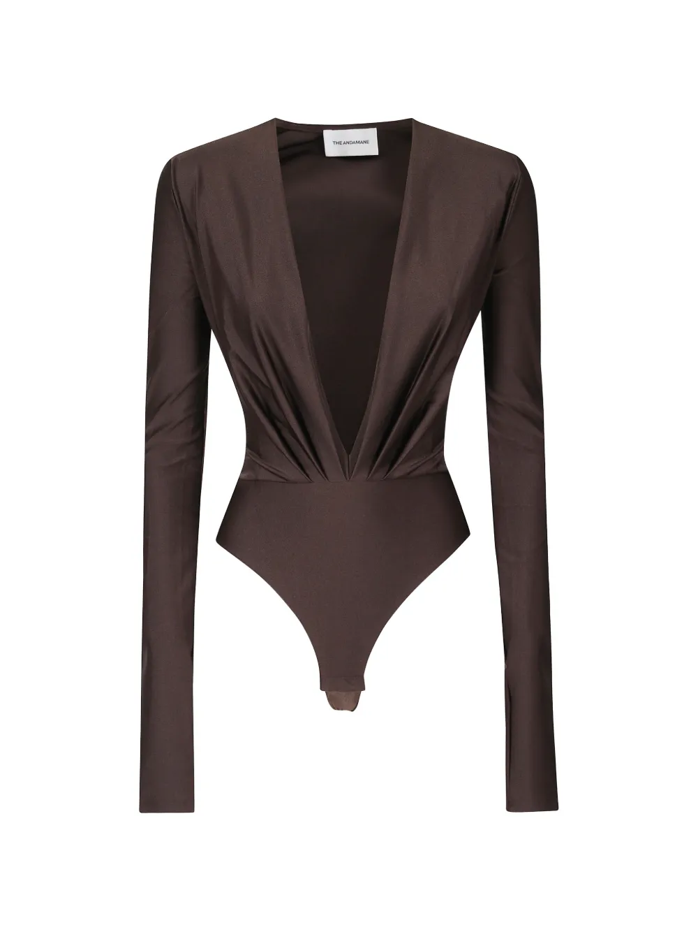 THE ANDAMANE Zelda plunging pleated bodysuit Bruin