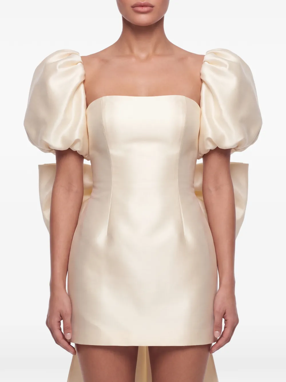 POST MERIDIEM Mini-jurk met pofmouwen en strik Beige