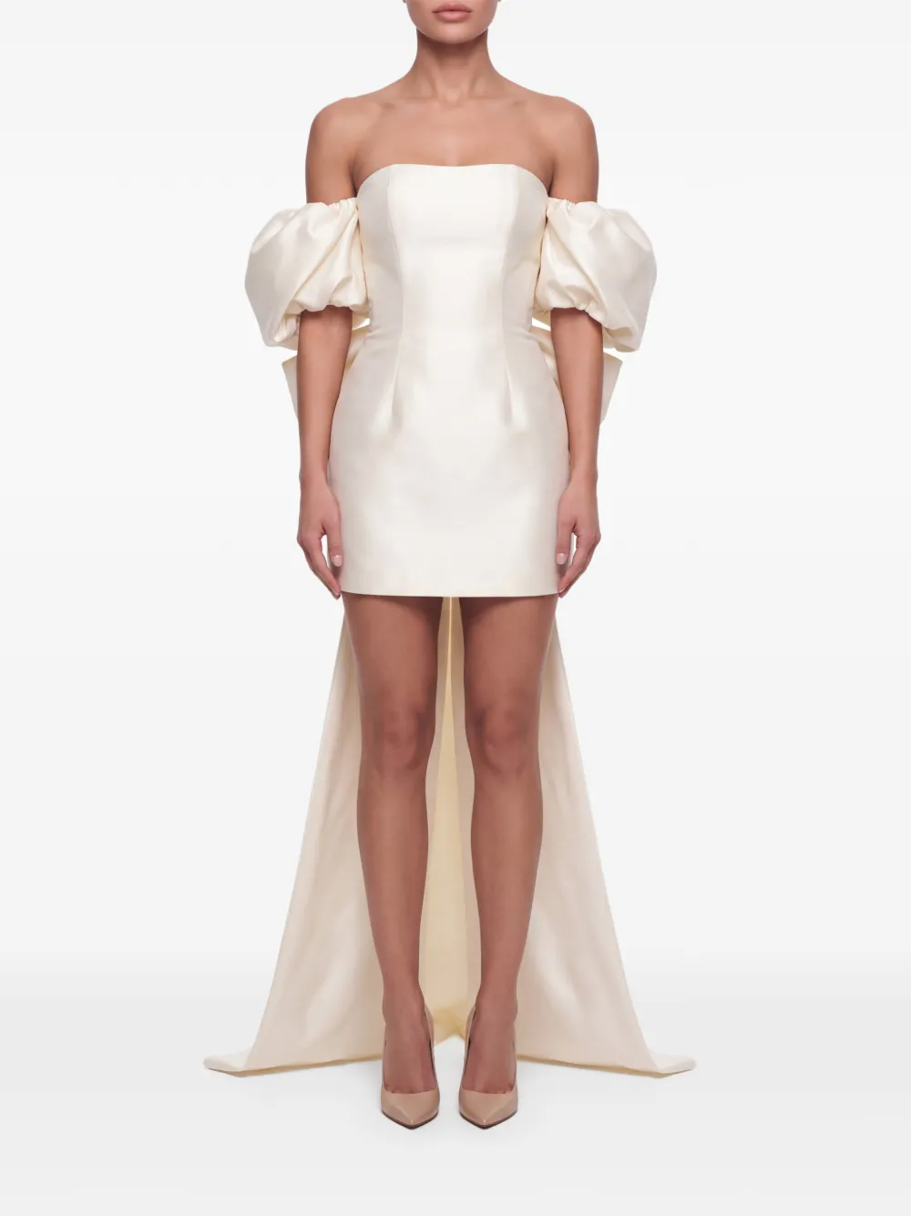 POST MERIDIEM Mini-jurk met pofmouwen en strik Beige